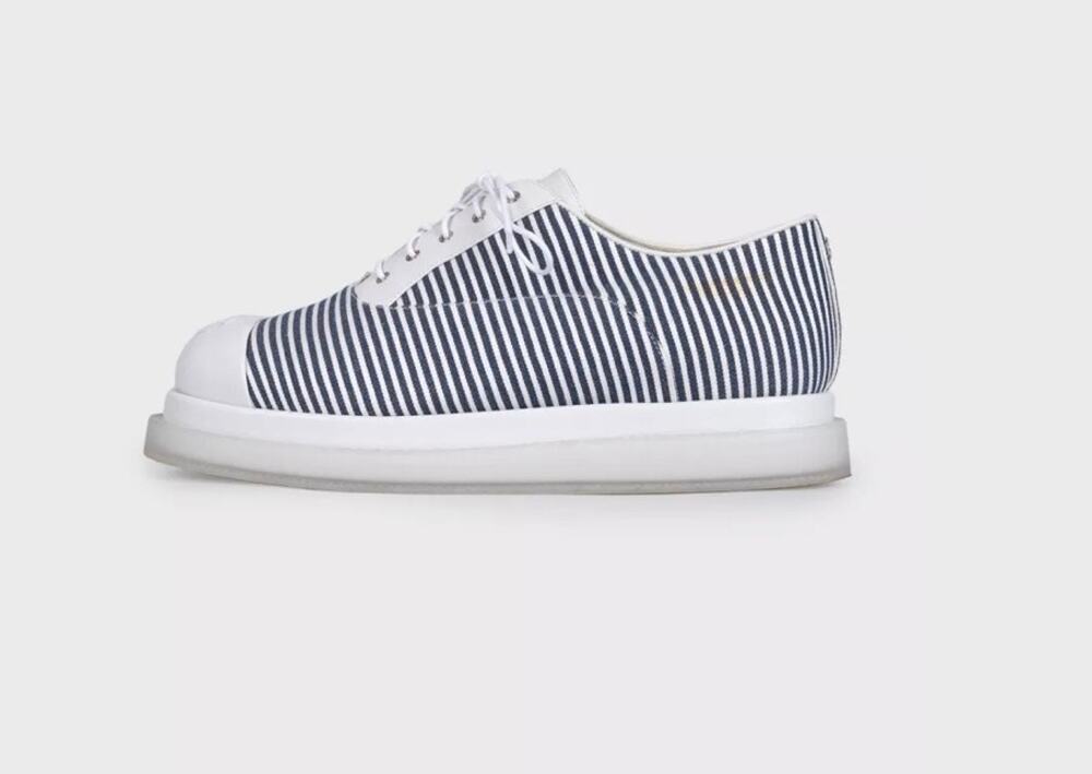 Chanel White Striped Leather & Textile Sneakers - Size 38